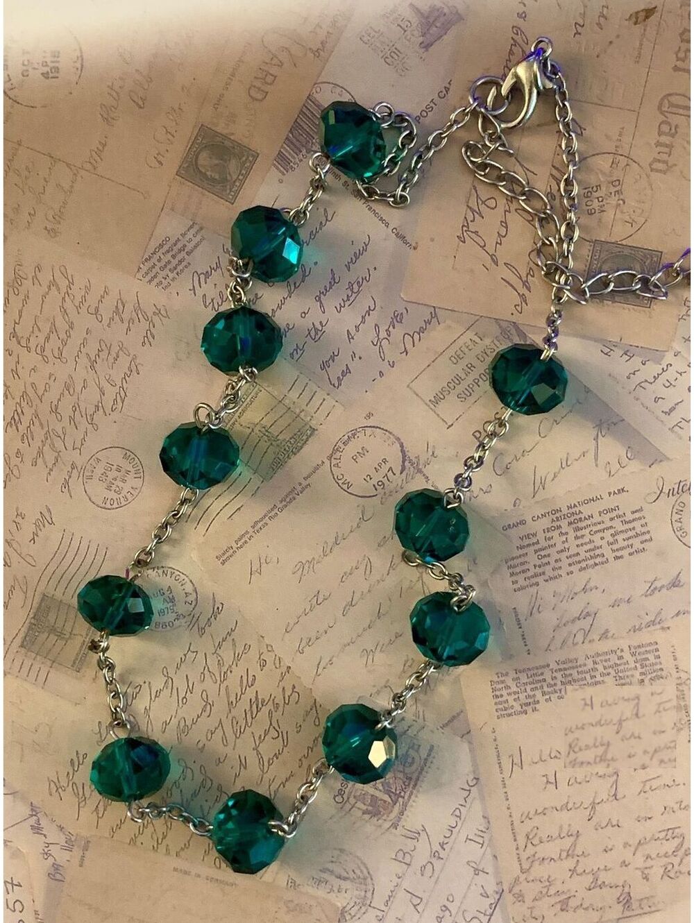 Vintage Sparkling Teal Crystal Beaded Chain Necklace for Everyday Glam